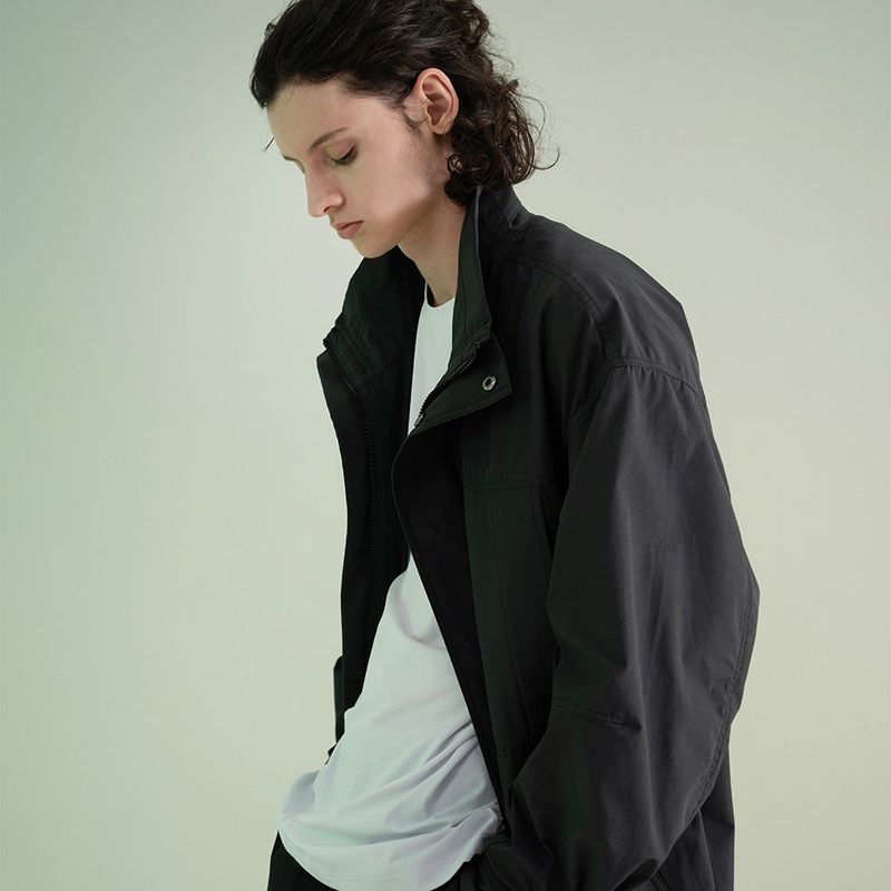 Poly Cotton RIB Double Placket Long-Jacket - GREY