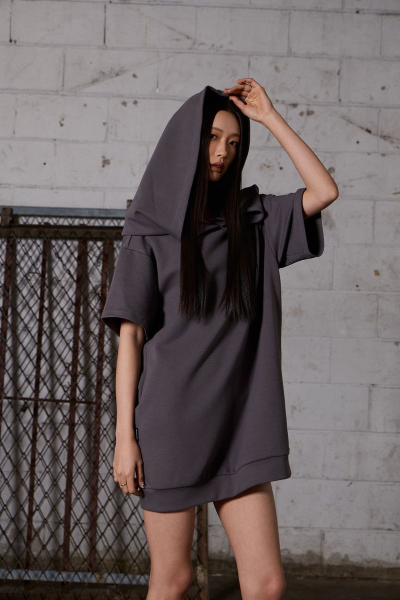 2Way Big Hood Off-Shoulder Mini Dress - Charcoal