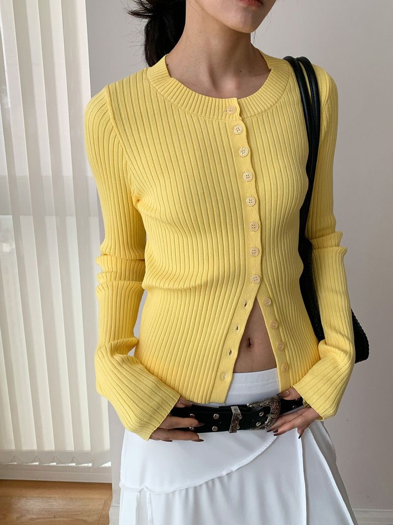 Color Round Neck Ribbed Button Cardigan