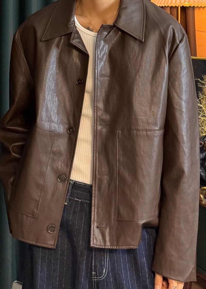 Leather Collar Button Jacket 3COLOR