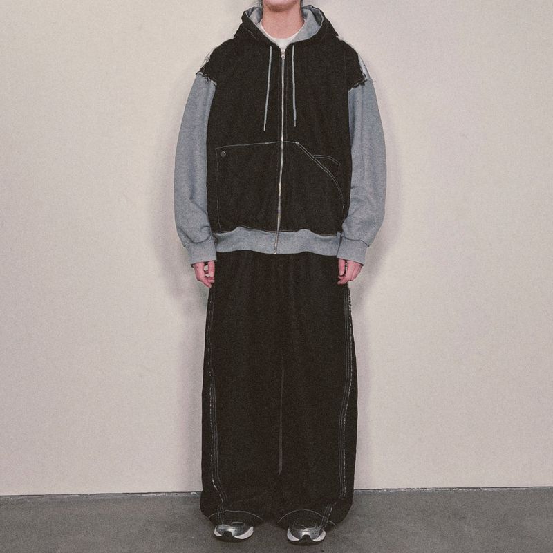 layered deconstructed zip-up hoodie_black