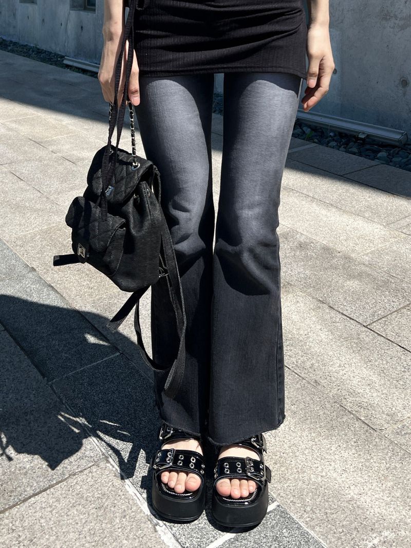 Gradient Washed High Waist Span Long Bootcut Denim Pants (Black)