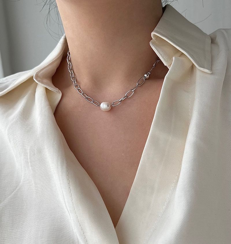 dpps Freshwater Pearl Bold Chain Ball Stainless Steel Titanium Layered Guest Necklace