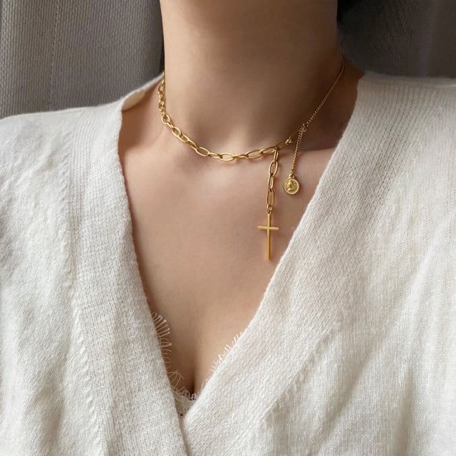soe Cross Coin Two Way Bold Short Long Necklace