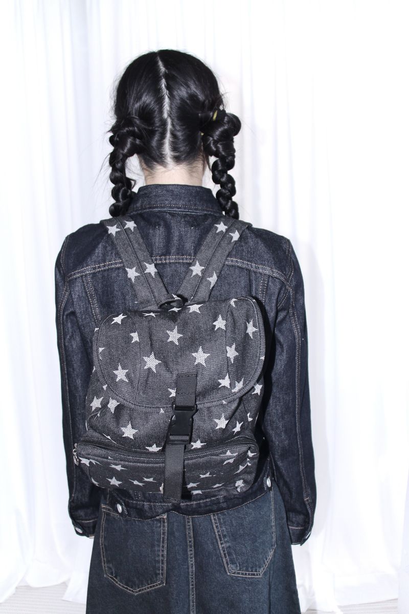 star pattern denim pocket backpack