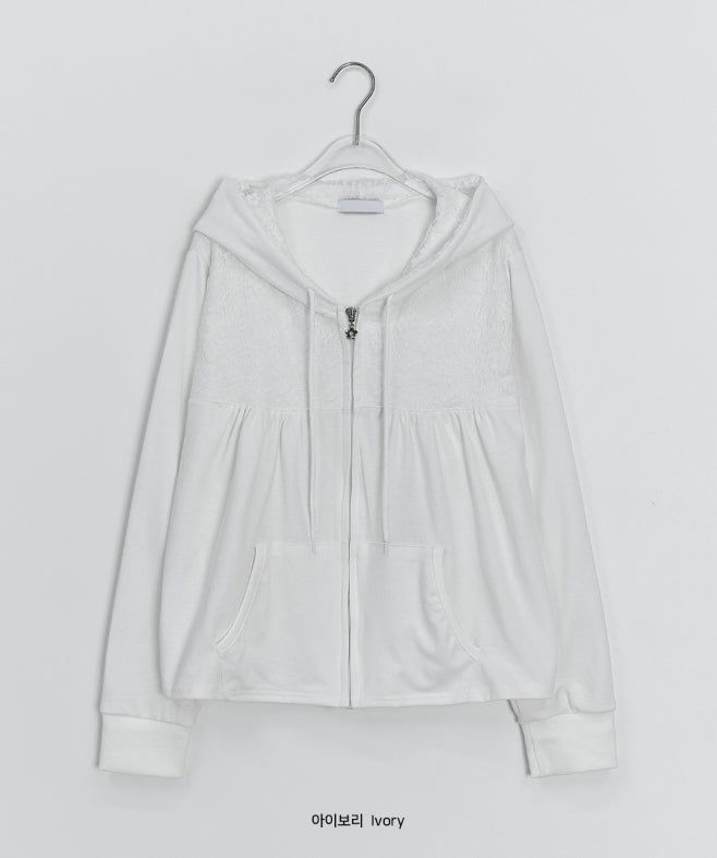 Sigyu Flower Lace Shirring Hood Zip-up