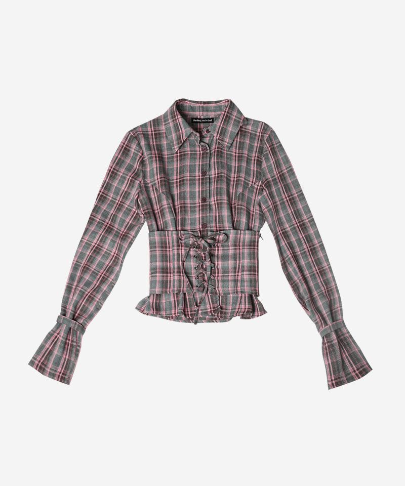 CHECK CORSET SHIRT #PINK GRAY