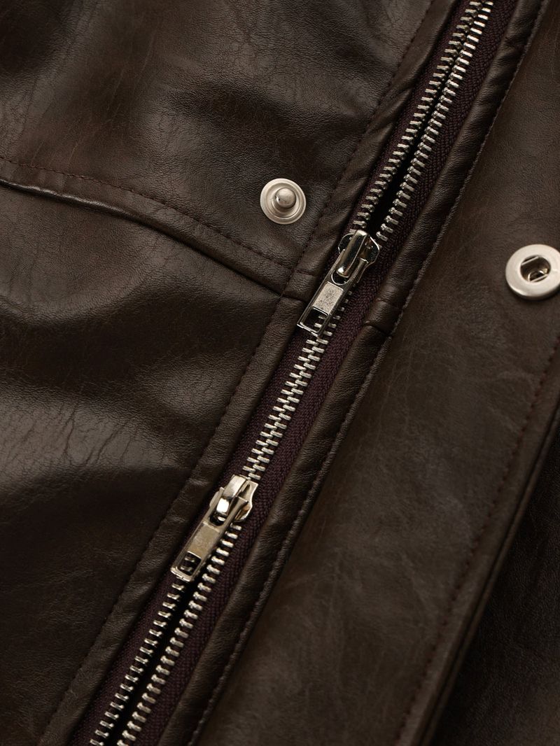 High-neck Leather Jacket_Brown