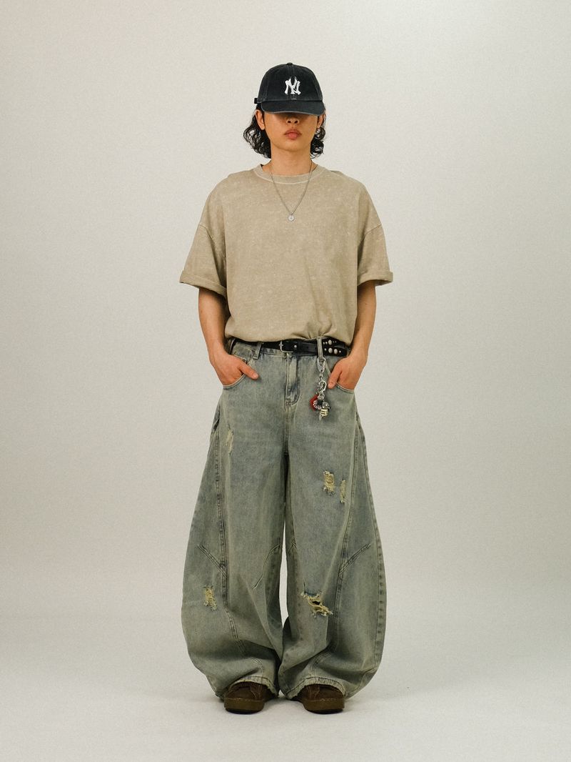 EE CURVED DAMAGE DENIM PANTS