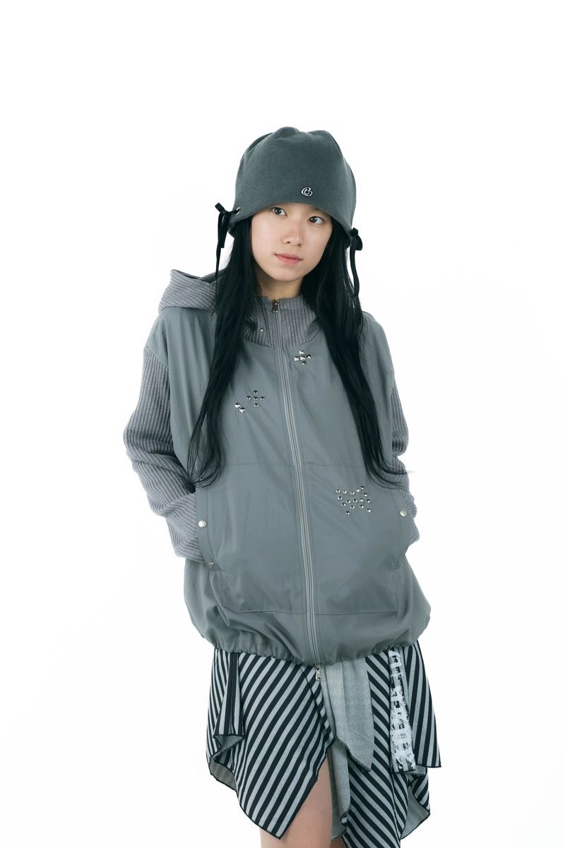 studs nylon knitzip hoodie(gray)