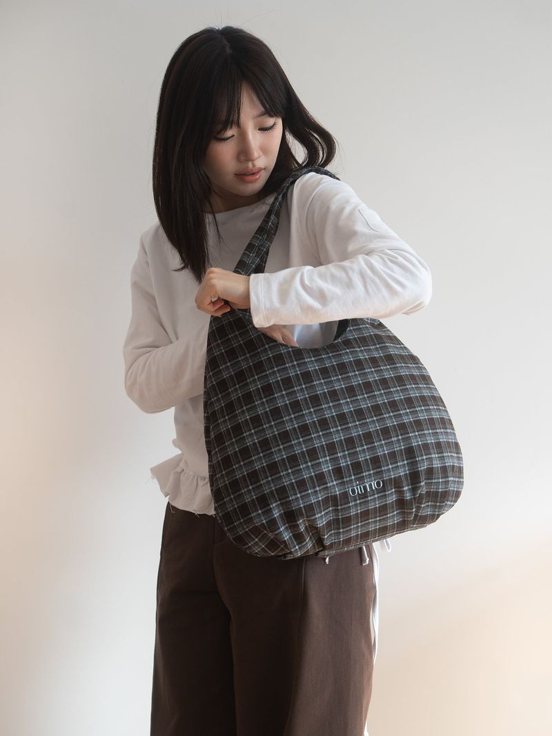 Check Padded Hobo Bag - Brown / Blue