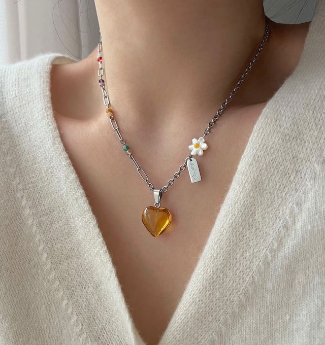 ely Yellow Orange Heart Flower Beads Hip Handmade Necklace