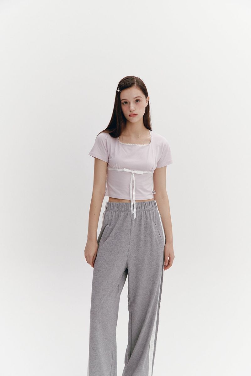 Lace Ribbon Shirring Top Pink