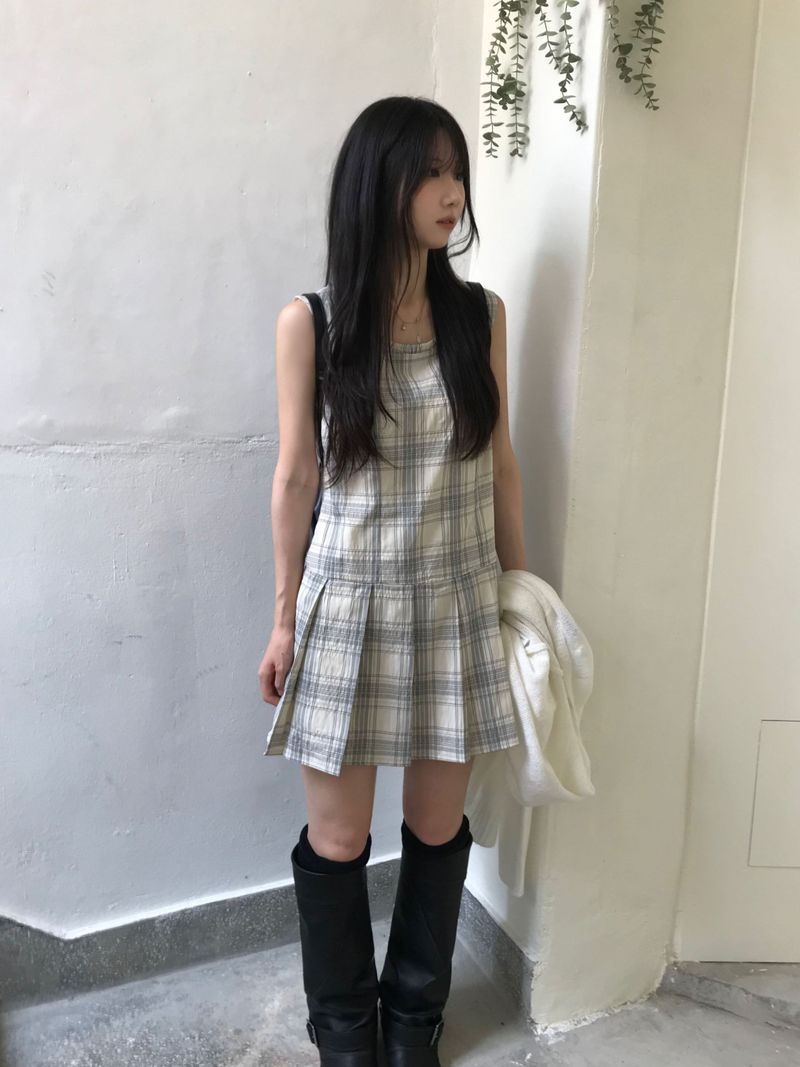 Check Pleated Mini Dress (2 colors)