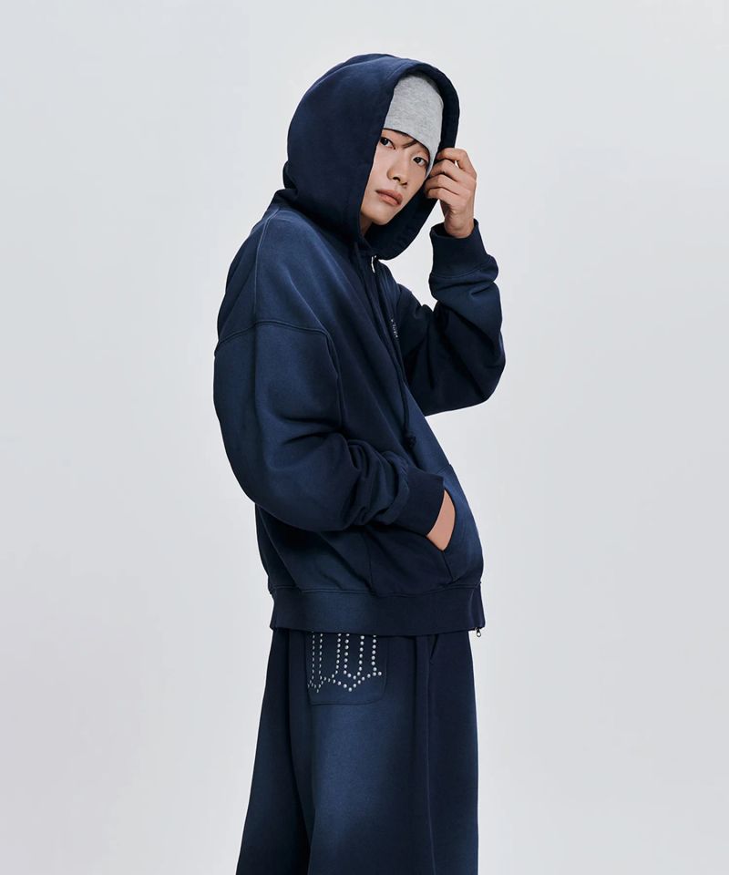 WASHED 10TH THIRD LOGO ZIP UP HOODIE_BLUE