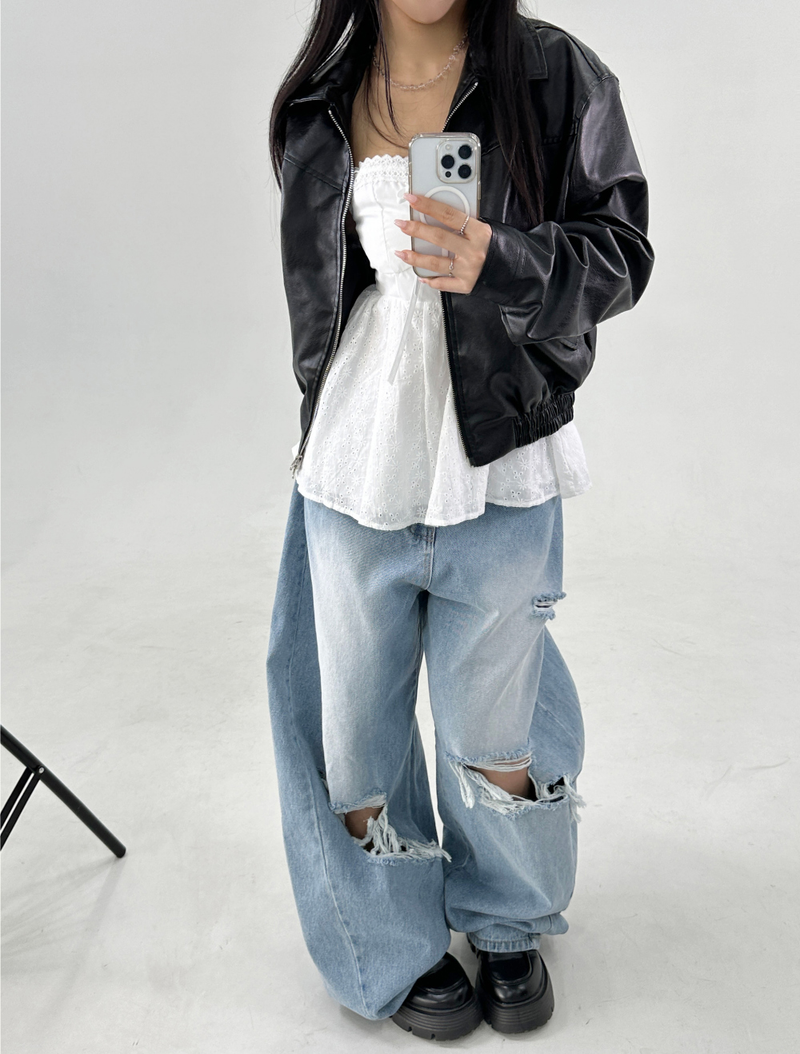 BLOUSON LEATHER JACKET 2-WAY ZIP-UP🖤