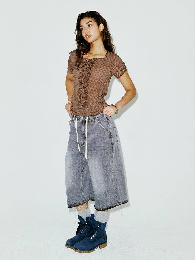 STRING CAPRI DENIM PANTS GREY