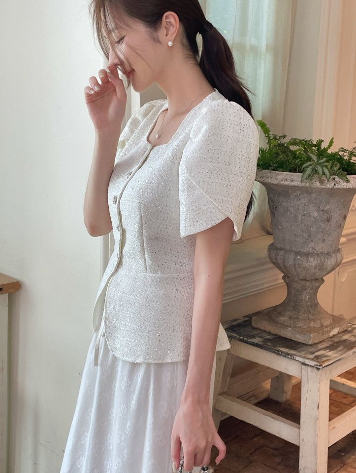 Beno Square Spangled Tulip Tweed Jacket (Belt Set)