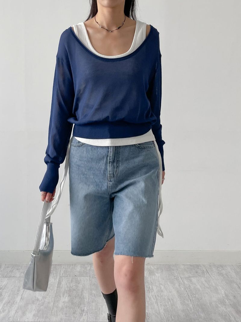 Out Half-Length Wide Denim Pants