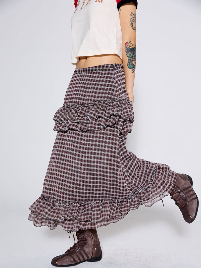 CHECK FRILL SKIRT / RED