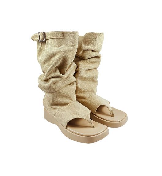 Pin buckle suede flip flops boots