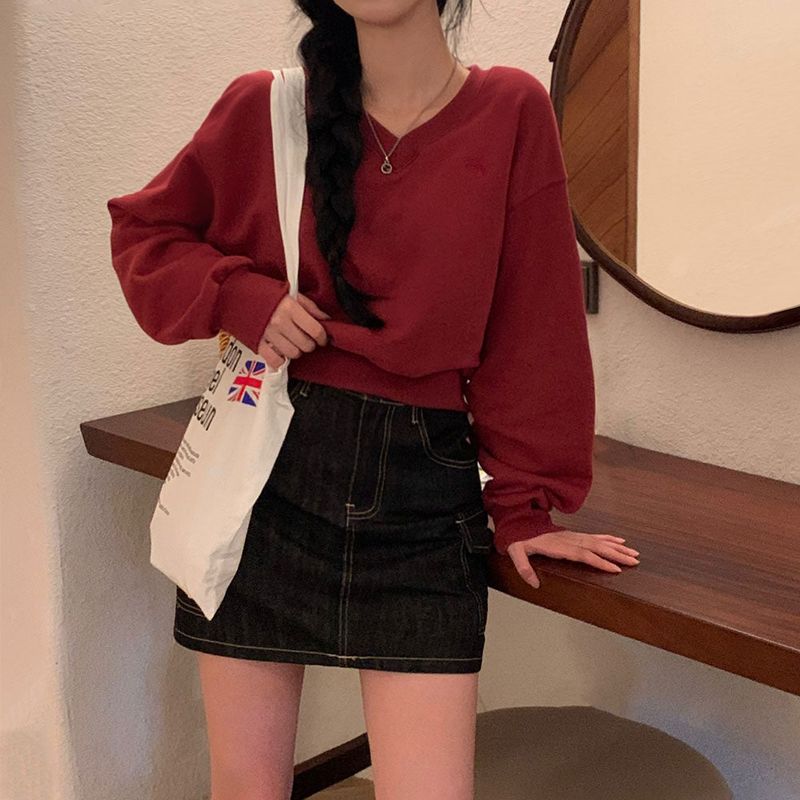 [Bellide made] Pastel V-neck cropped sweatshirt