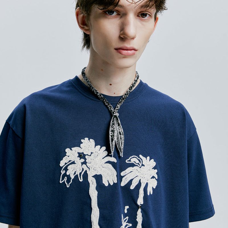 palm tree & eyelet chain needlework t-shirt navy