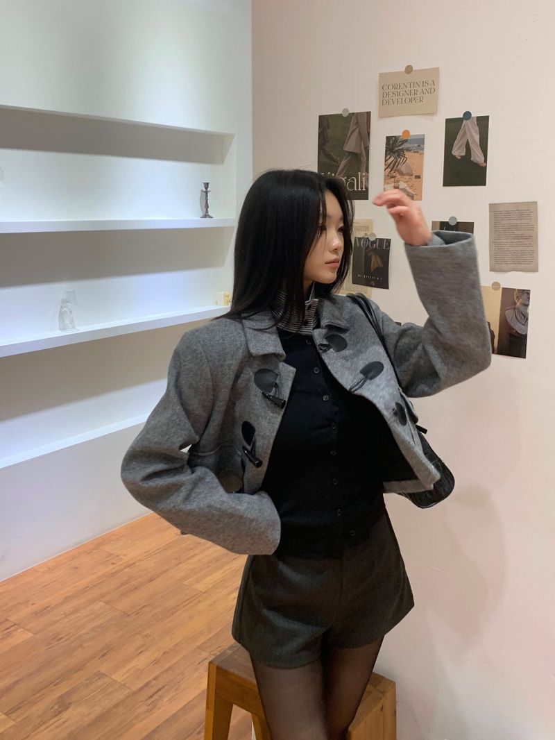 British Gray Duffel Button Quilted Crop Coat
