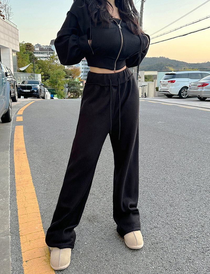 (ZIP-UP & PANTS SET!) 4 COLORS THICK FLEECE RIBBED CROPPED TRAINING PANTS