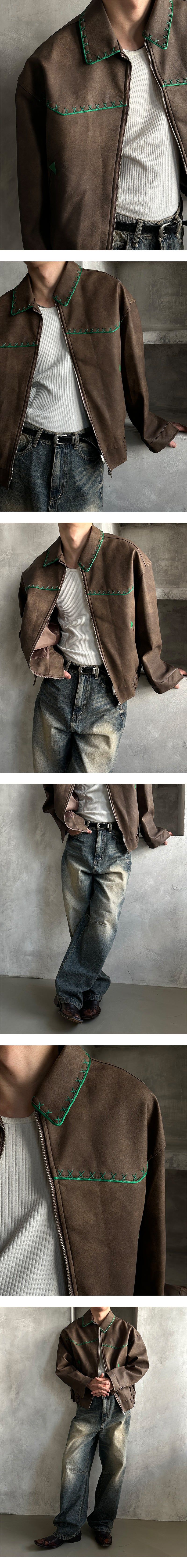  [PREMIUM][HANDMADE] Stitch western leather blouson(2color)