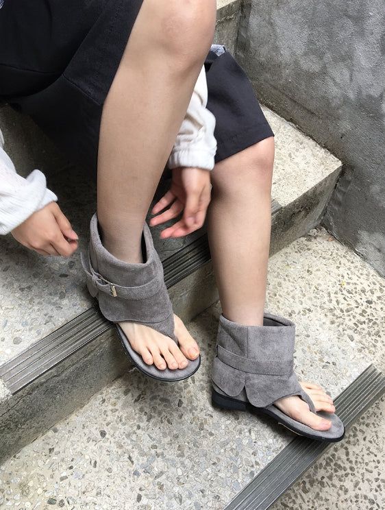 Fold suede buckle strap flat flip-flop boots