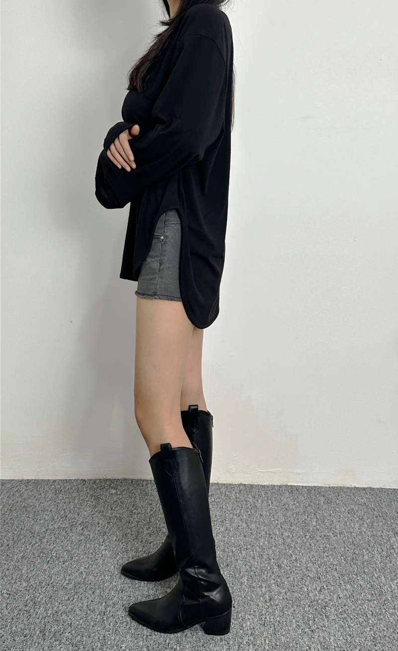 (BASIC ITEM♥/BEST VALUE♥) 3 COLORS STRETCH LIP U-NECK SLEEK LOOSE-FIT BASIC INNER LAYERED LONG-SLEEVE TEE