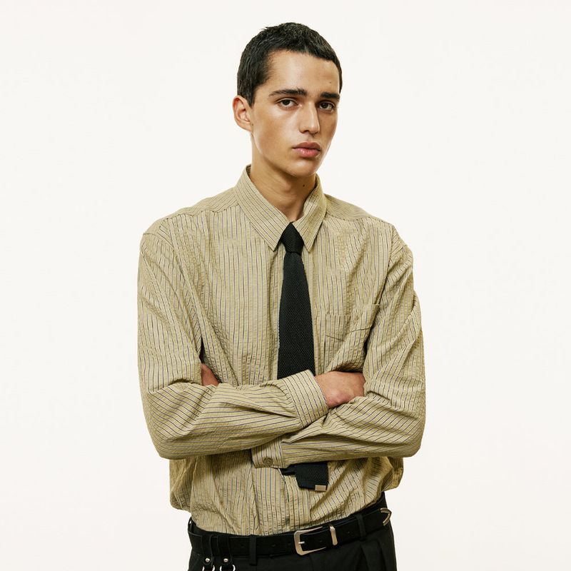 [SET] everyday stripe shirt & square tip knit tie olive