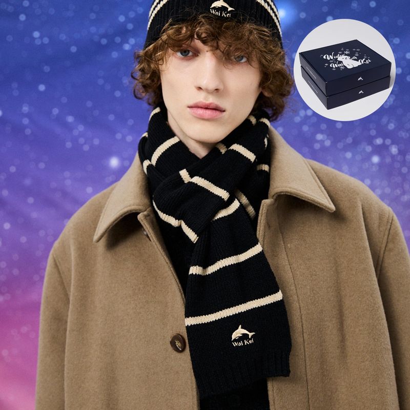 [Gift Box] Dolphin Stripe Knit Muffler + Gloves SET