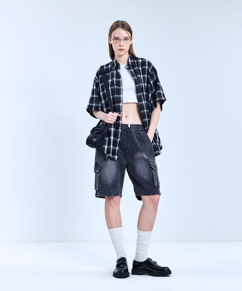 87-STAN067 Vintage Forest OverFit Short-Sleeved Tartan Check Shirt