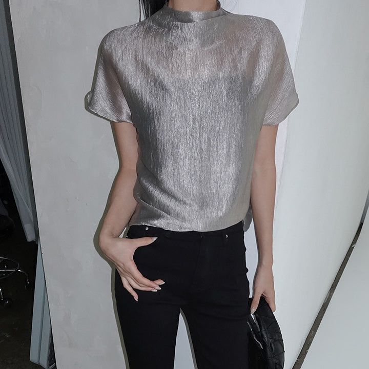 [Setinone] Half Neck Satin Short-Sleeved Blouse - 4 colors