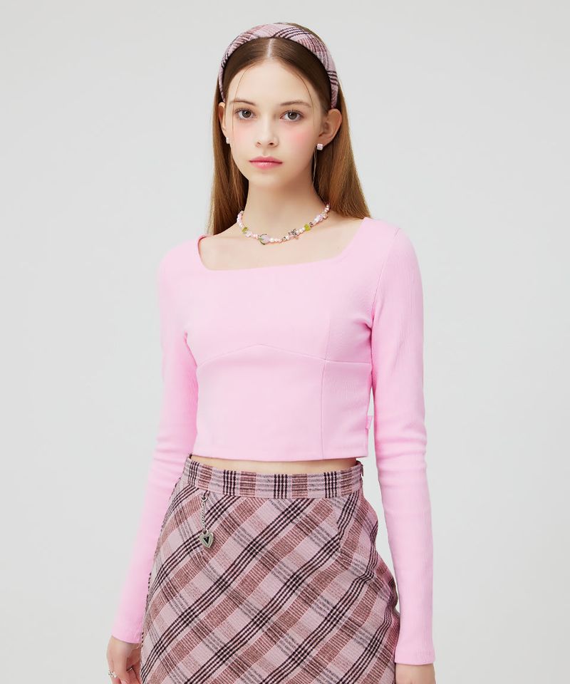 SQUARE NECK LONG SLEEVE CROP TOP _ PINK