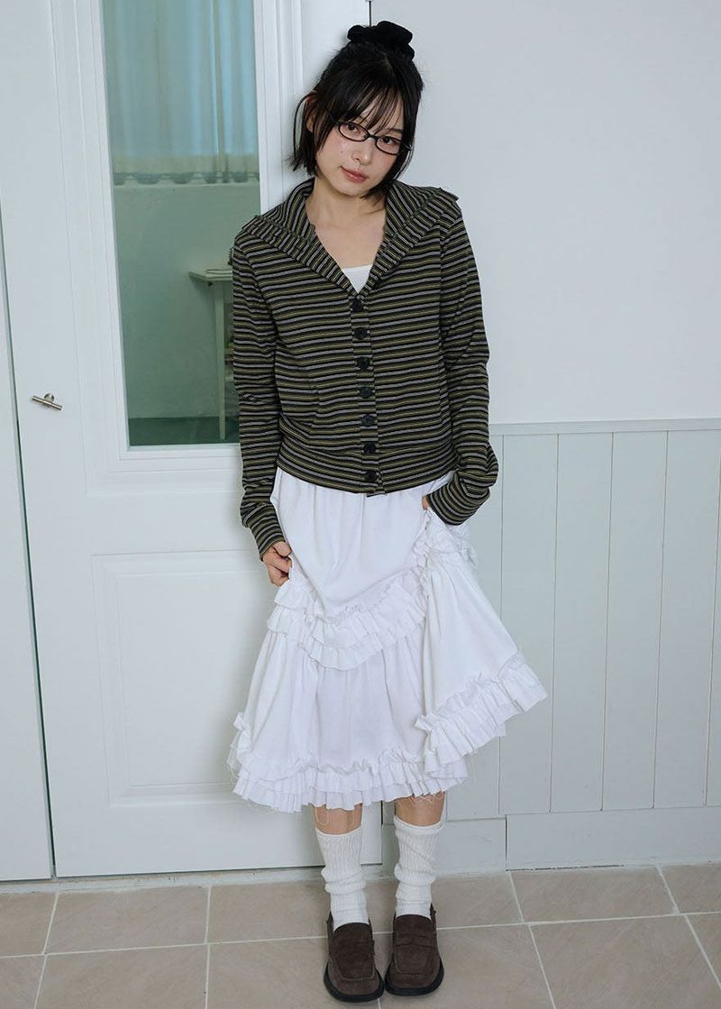 STRIPED HIGH NECK BUTTON CARDIGAN - OLIVE