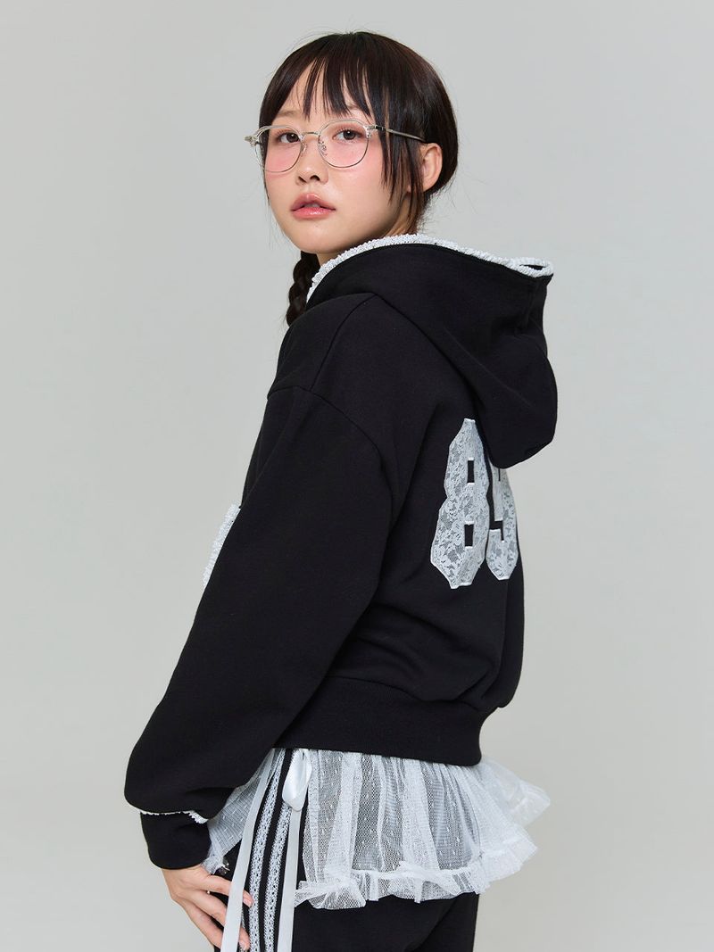 LACE APPLIQUE HOOD ZIP-UP - BLACK