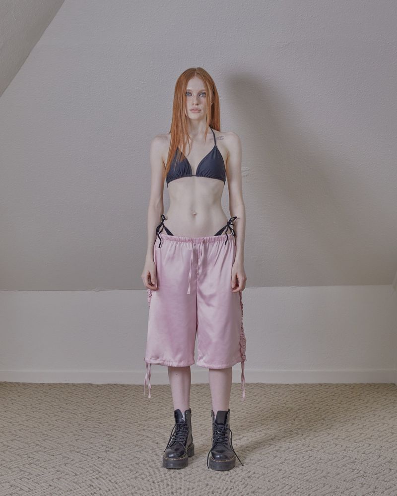 satin ruffle track pants / pink