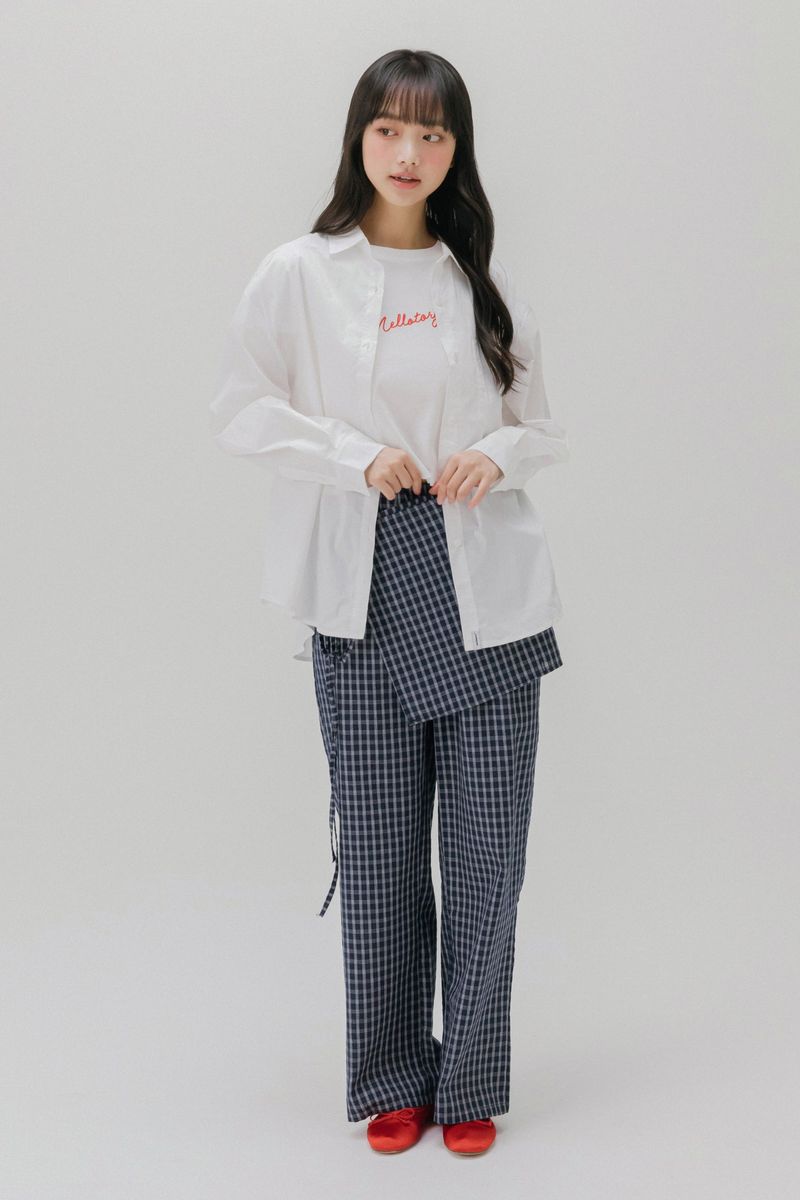 CHECK WRAP LAYERED PANTS (NAVY)