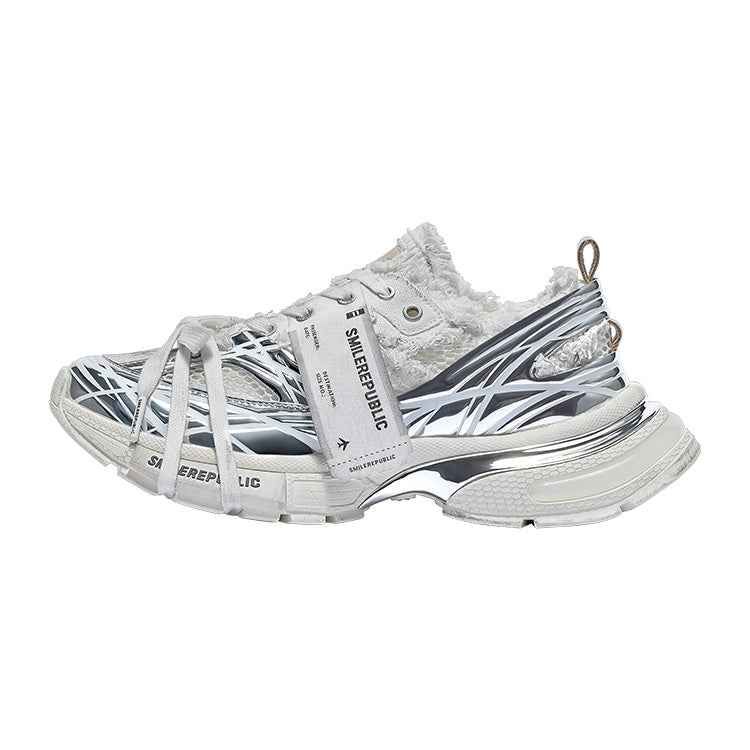 SMILEREPUBLIC（スマイルリパブリック）の「Metallic Silver Mesh Distressed Runner Sneakers, Unisex Low Top Lace Up Shoes（Shoes）」