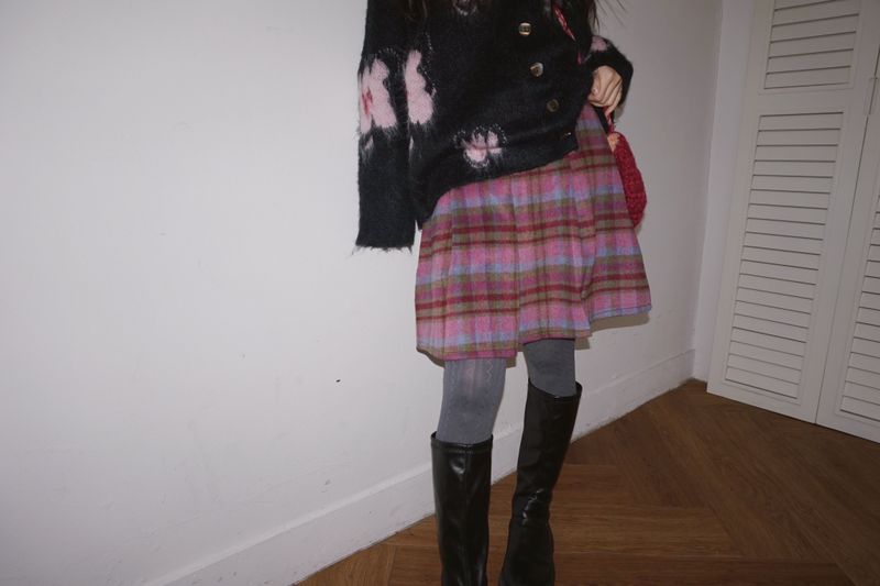 wool checkered midi wool skirt