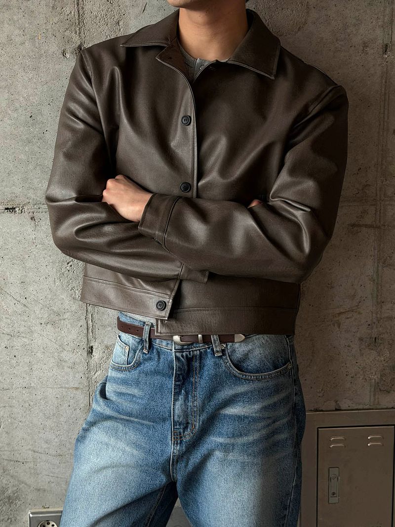 Minimal crop leather jacket(2color)