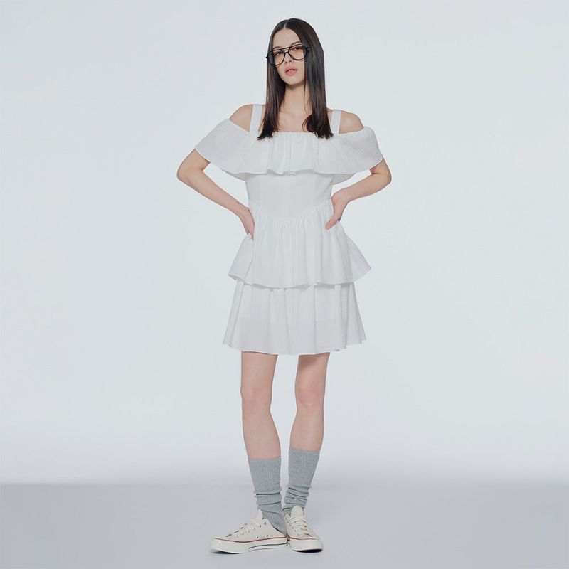 Off-the-shoulder tiered mini dress