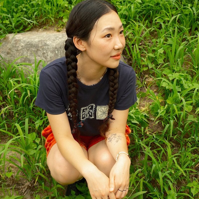 (w) Stamp crop half T-shirts / Navy