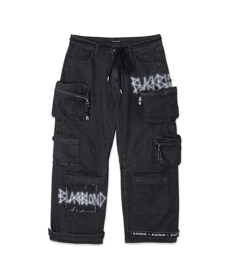 BBD スプレーロゴマルチポケットデニムカーゴパンツ (Black)