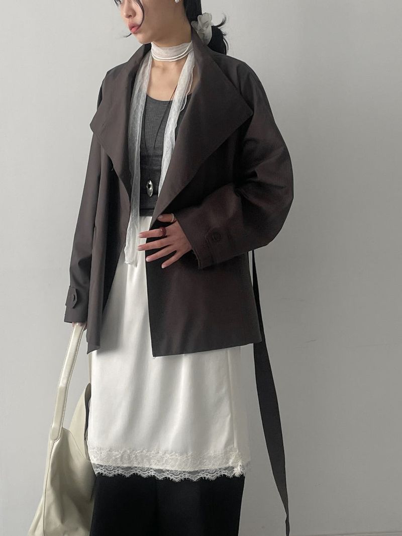 High-neck belted half trench coat