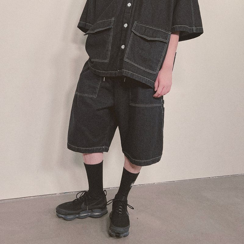 denim stitch shorts_black