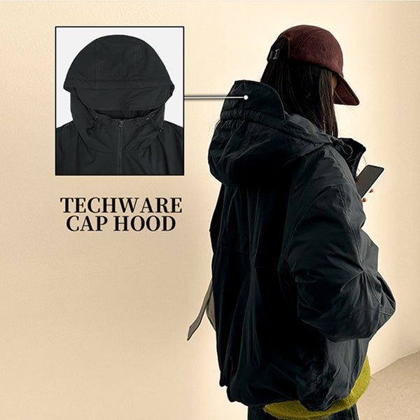 Cap hood boxy high neck padded jumper